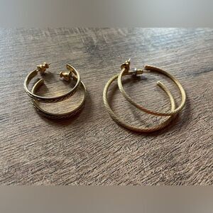 Women’s vintage pair of gold color metal hoop earrings rope detail and textured